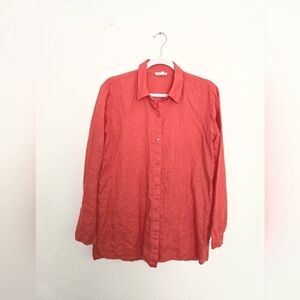 Eileen Fisher Vibrant Pink 100% Linen Button-Up Long Sleeve Shirt | Size Small